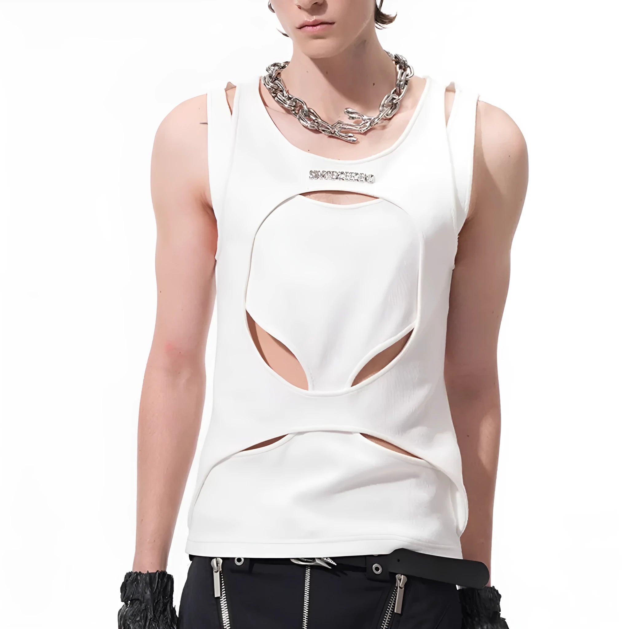 Men's black sleeveless waistcoat with hollow knit construction and round neckline