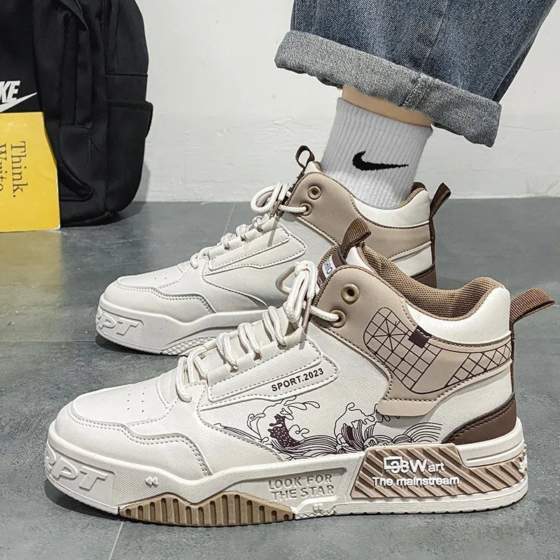 Men's beige high-top board shoes with mesh lining and flat rubber sole on a white background.