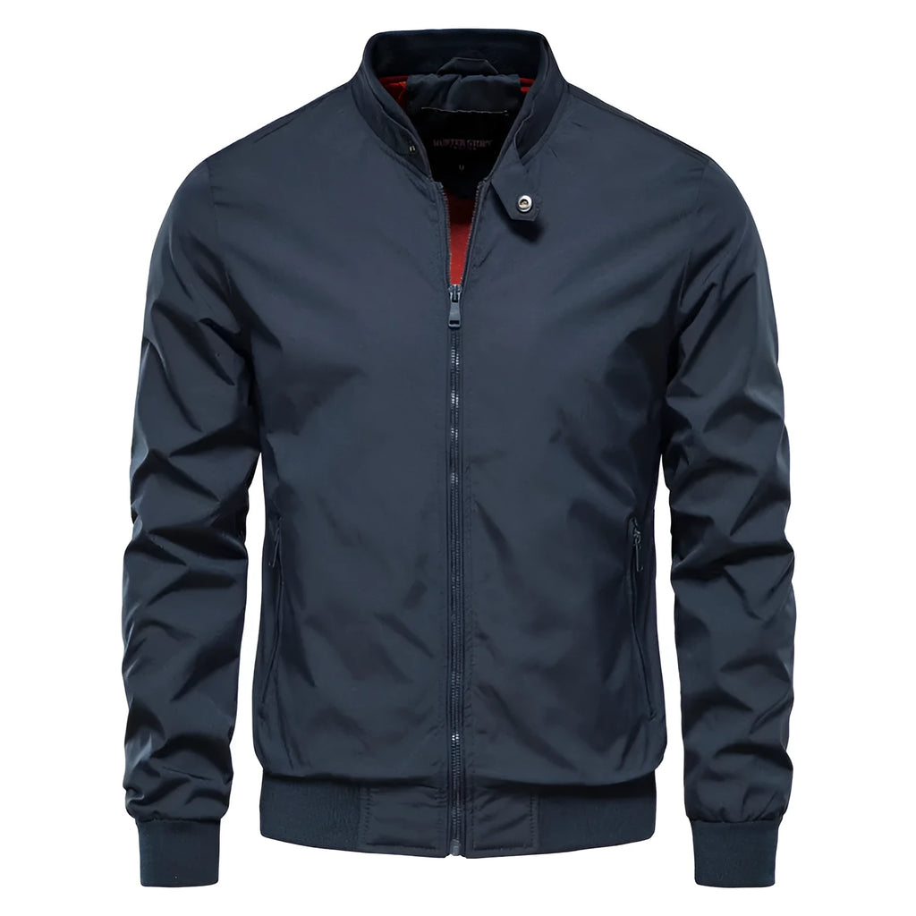 Men's solid colour thin casual jacket in polyester fabric shown in dark blue