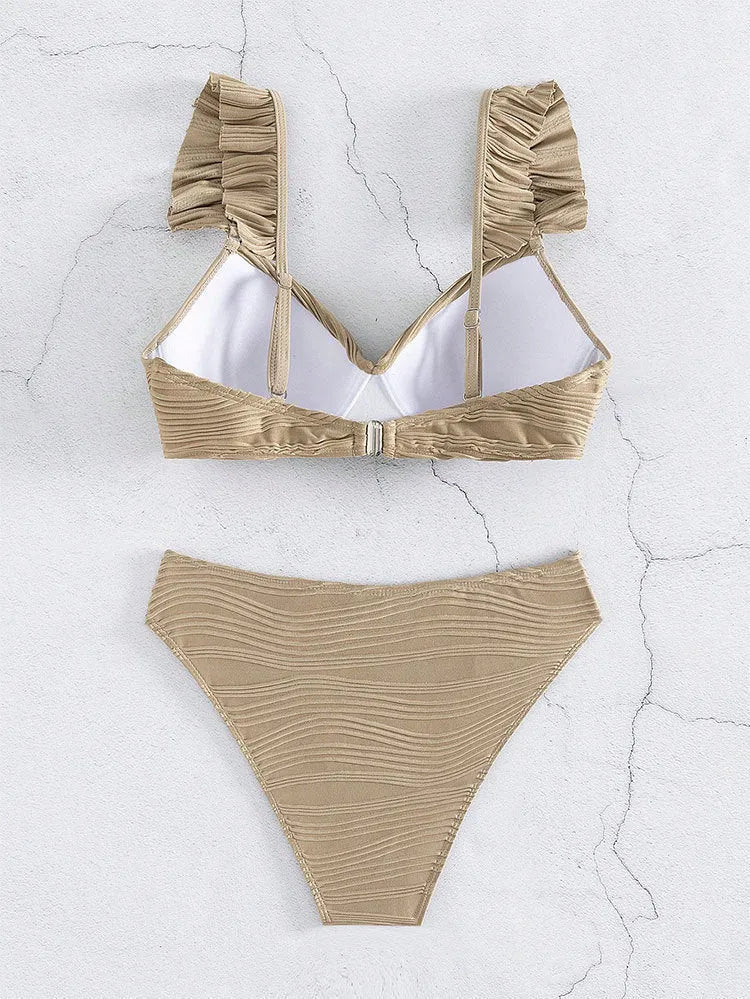 Solid colour women's bikini swimsuit set on a hanger, shown in black and khaki colour options.