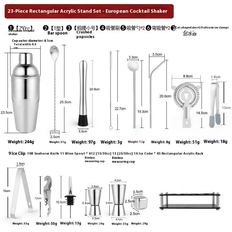 Silver 23-piece stainless steel and acrylic home cocktail set with bartender tools laid out.