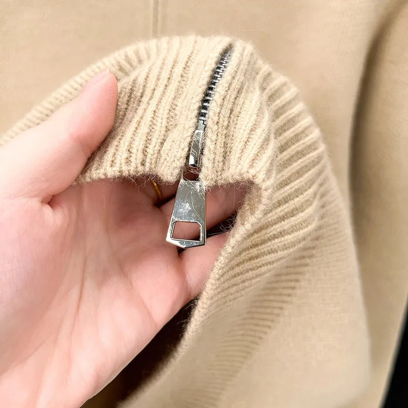 Men's grey stand collar knitted zip cardigan in a loose, thickened fit.