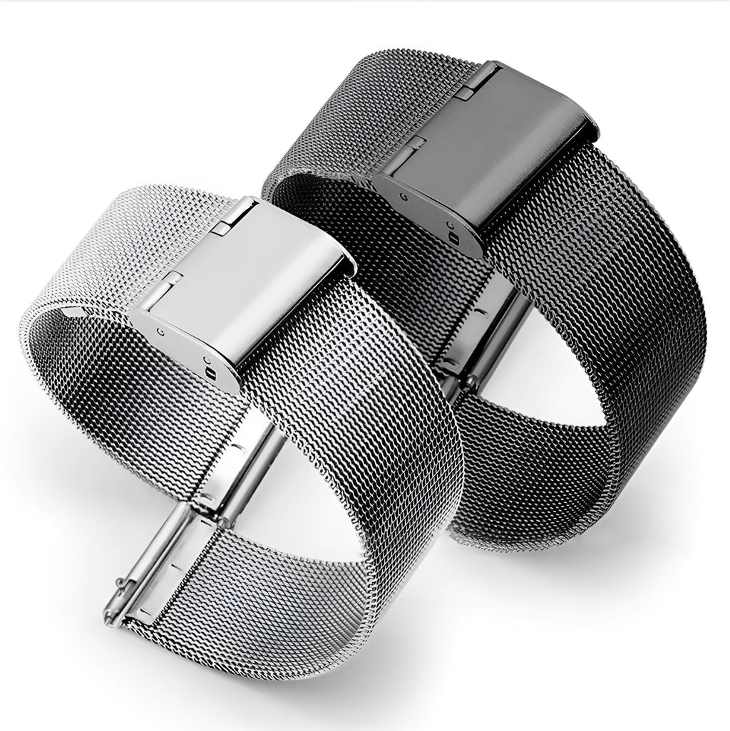 Milani silk woven stainless steel watch band in silver, black, rose gold, and gold colour options
