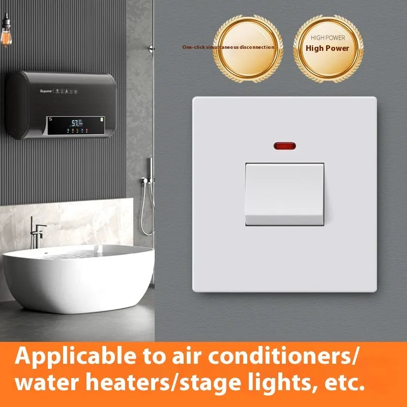 High current electrical switch with illuminated panel in white, grey, or gold for water heater and AC control.