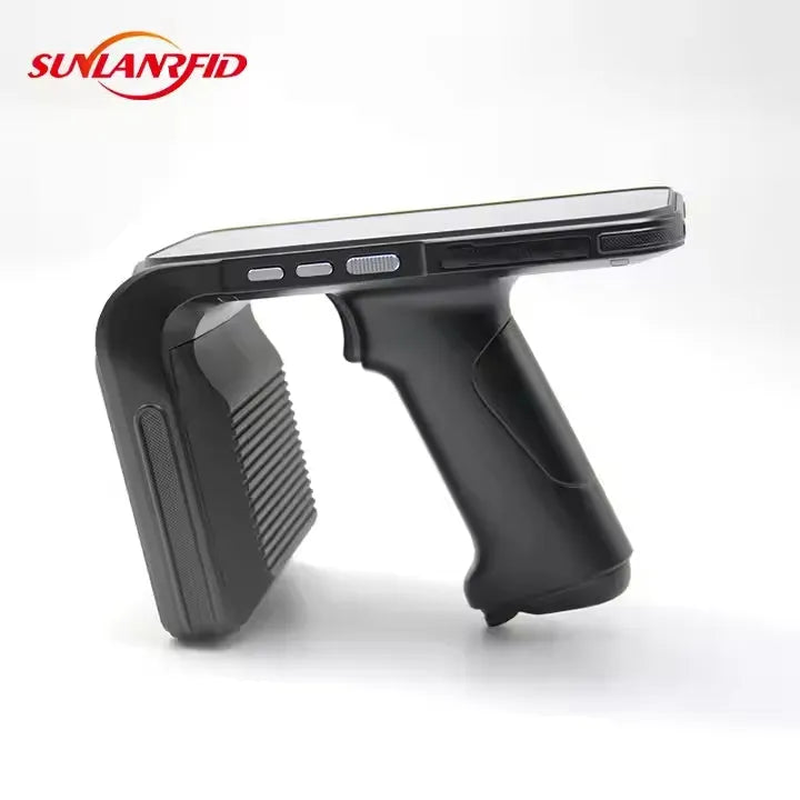 SLP-05 handheld UHF RFID scanner with Android touchscreen and integrated barcode scanner.