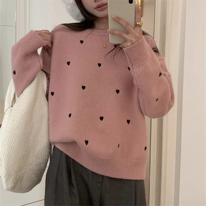 Women's acrylic pullover sweater with embroidered love pattern in loose fit with long sleeves