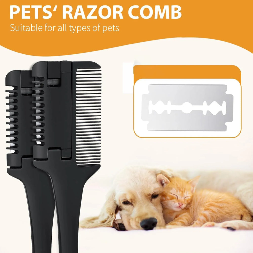 A 2-in-1 razor comb and trimmer for grooming dogs and cats, shown with a pack of 10 replacement blades.