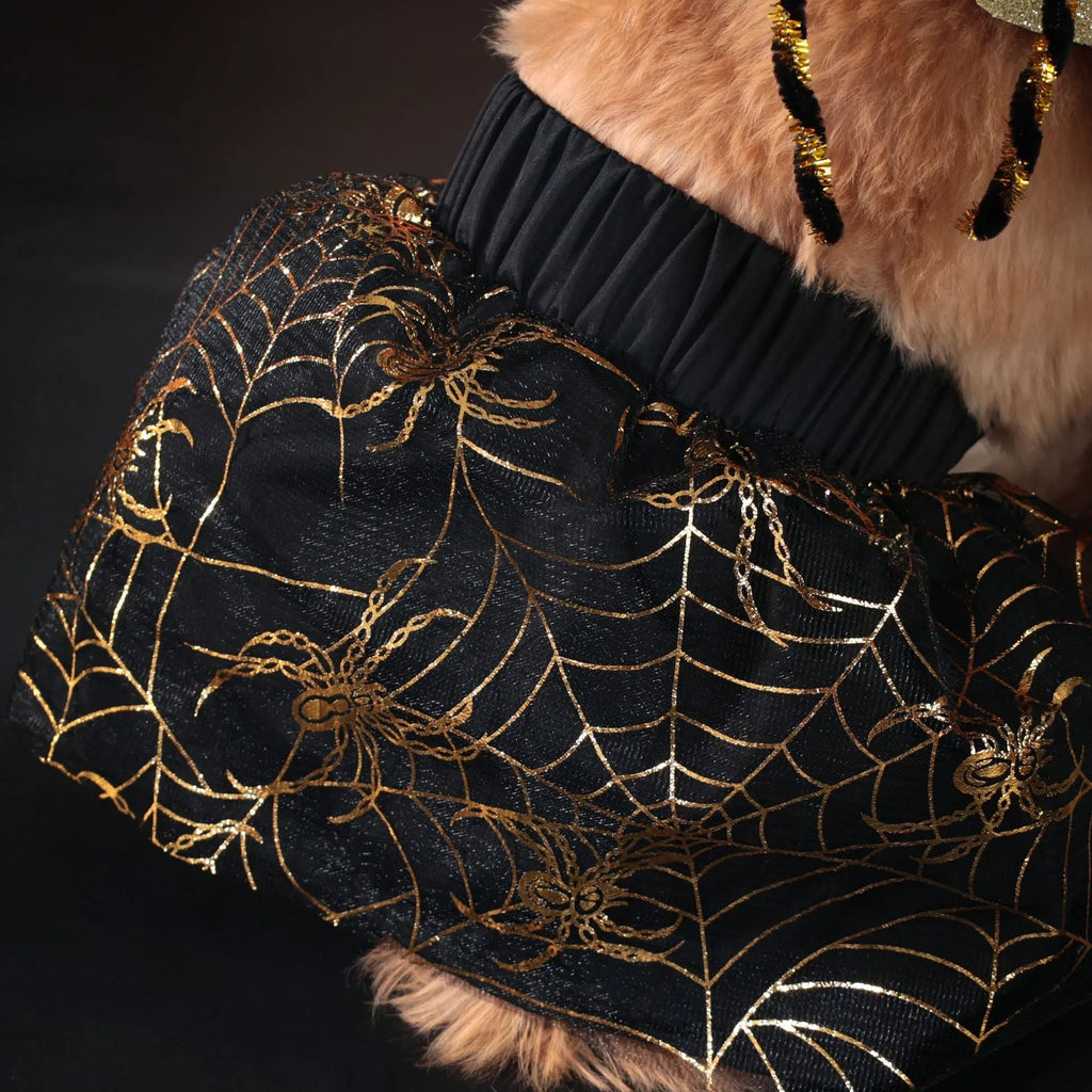 A dog wearing a simple polyester suit costume for a Halloween party.