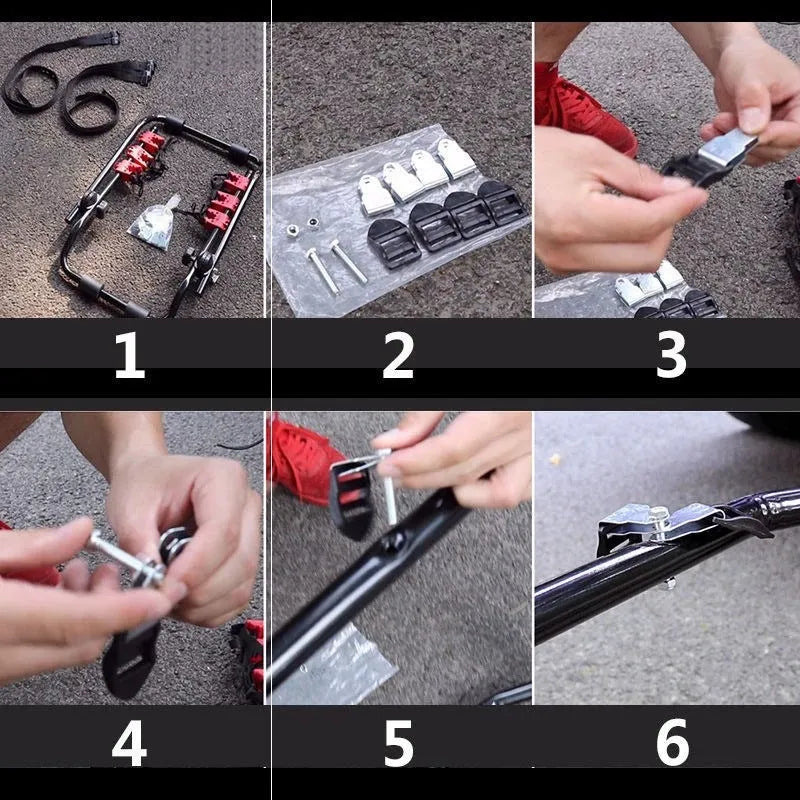 Black and red trunk mounted car bike holder rack showing tie rope and pull belt style options.