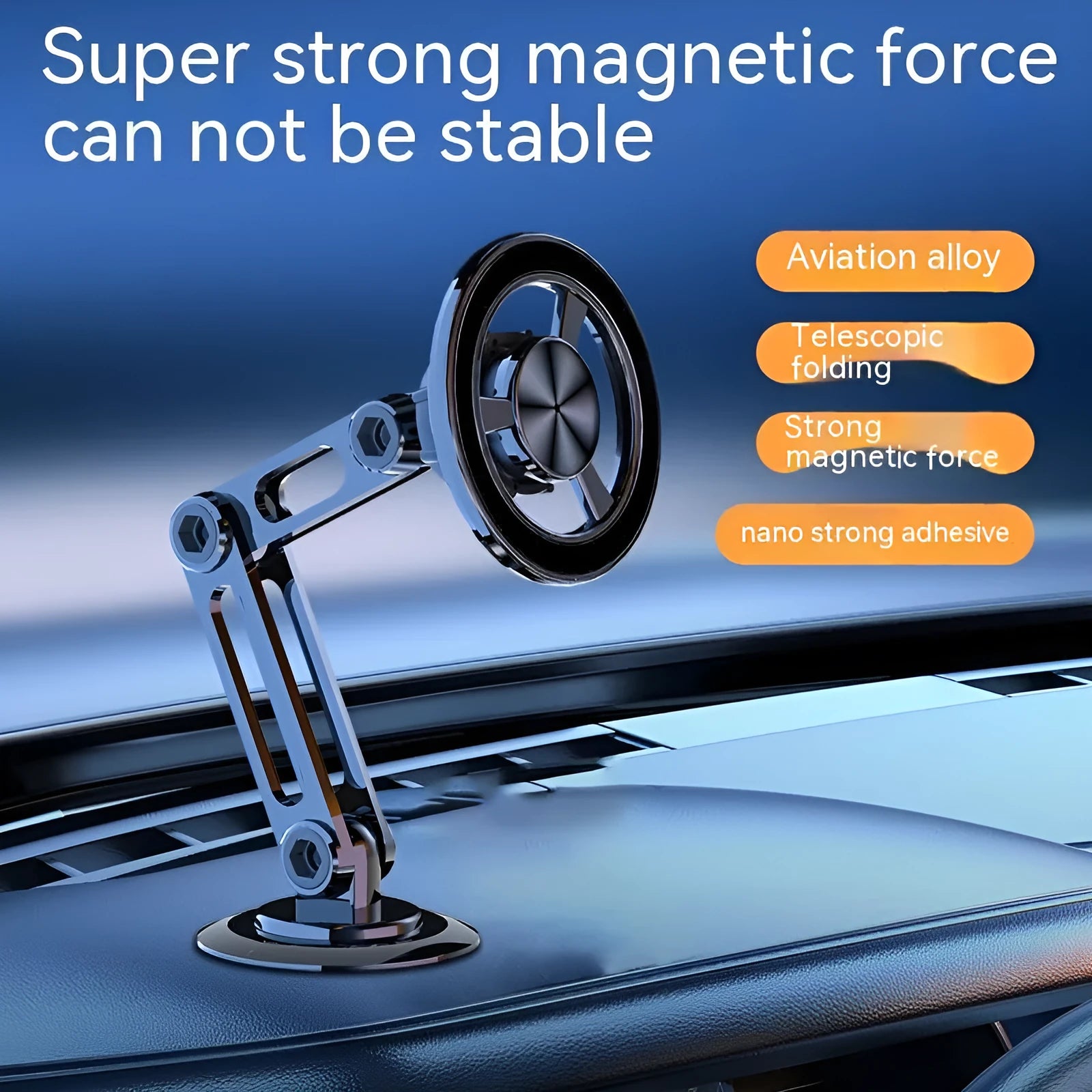 All-metal magnetic car phone holder in black, clipped onto a car air vent, with magnetic rings and adhesive pads.
