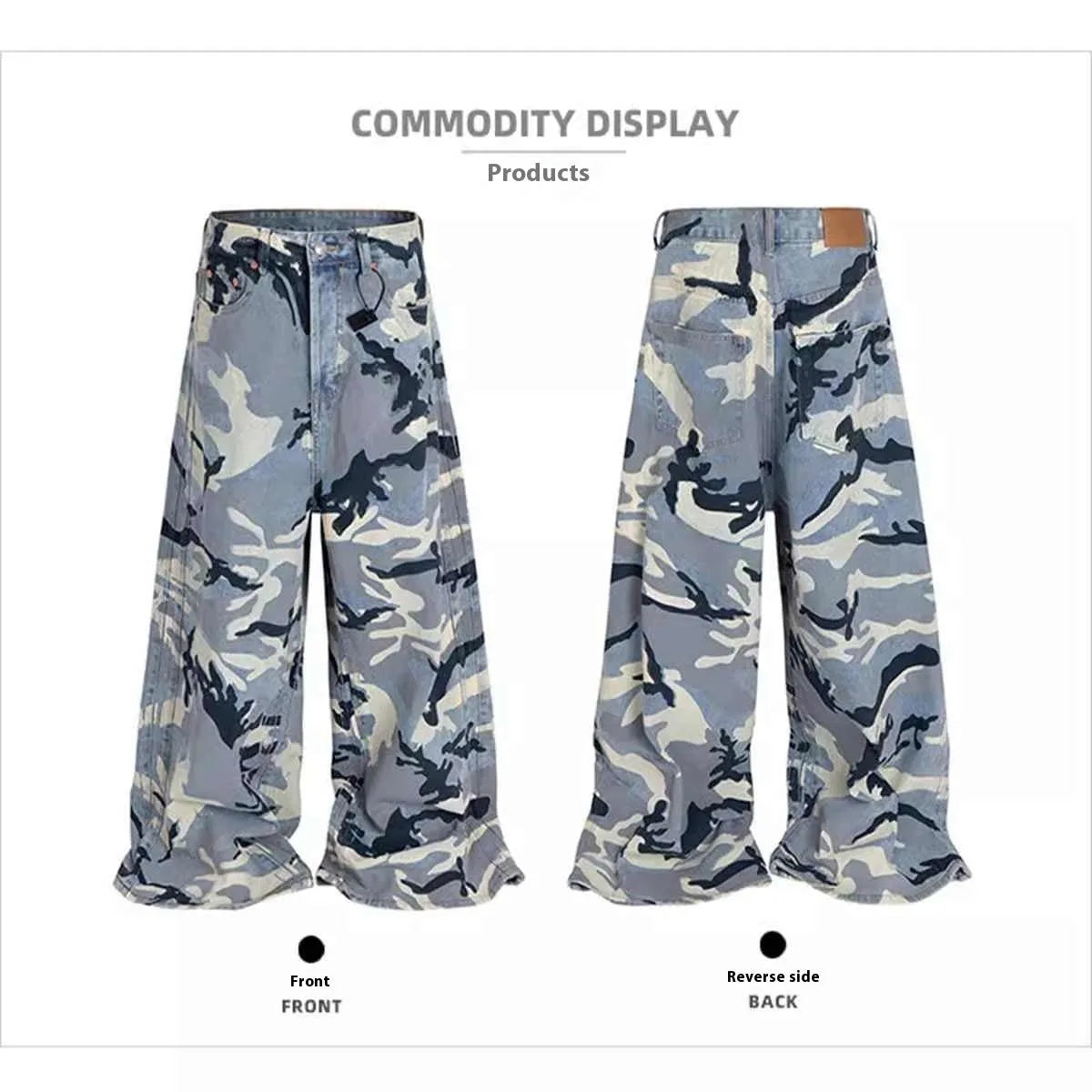 Snow camouflage blue loose fit jeans with mid waist on a plain background