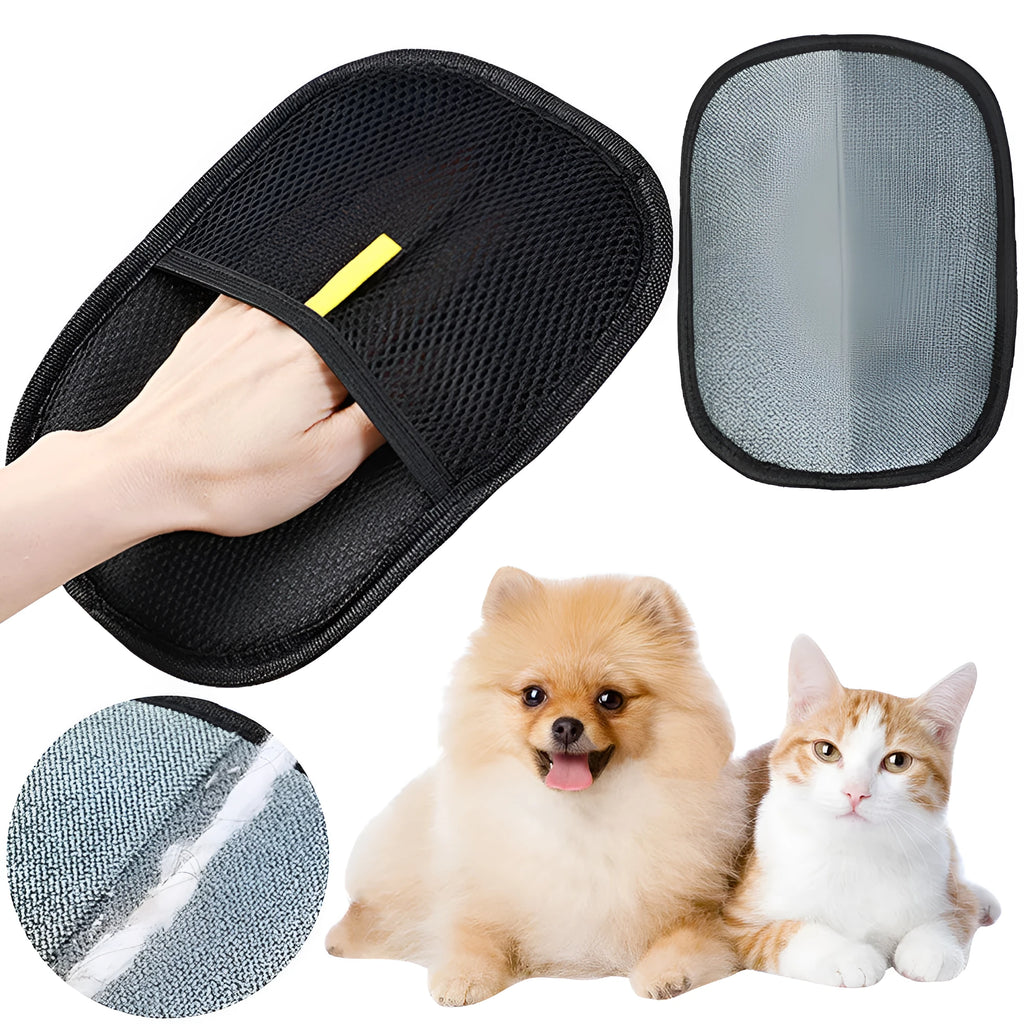 Black pet hair remover gloves with dual-sided silicone bristles for dog cat rabbit grooming