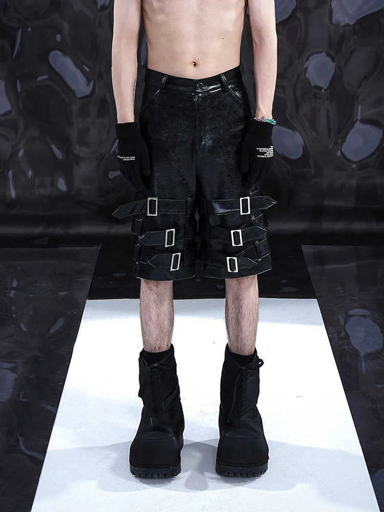 Black men's PU leather casual cropped pants with stretch spandex material showing medium-low waist design