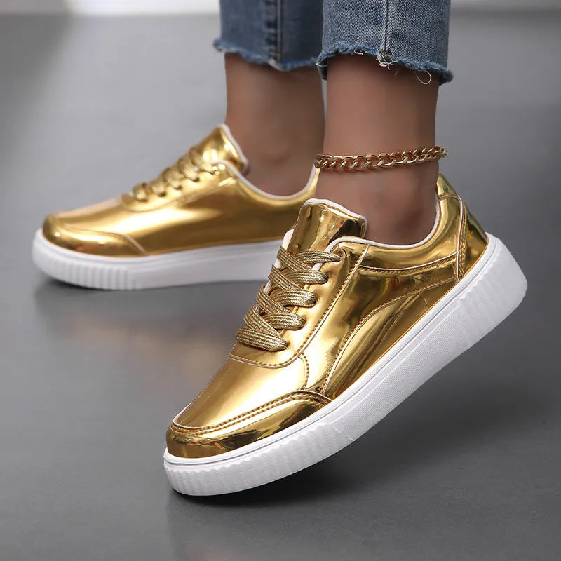 Rose gold and gold sequined platform sneakers with thick soles and round toe design
