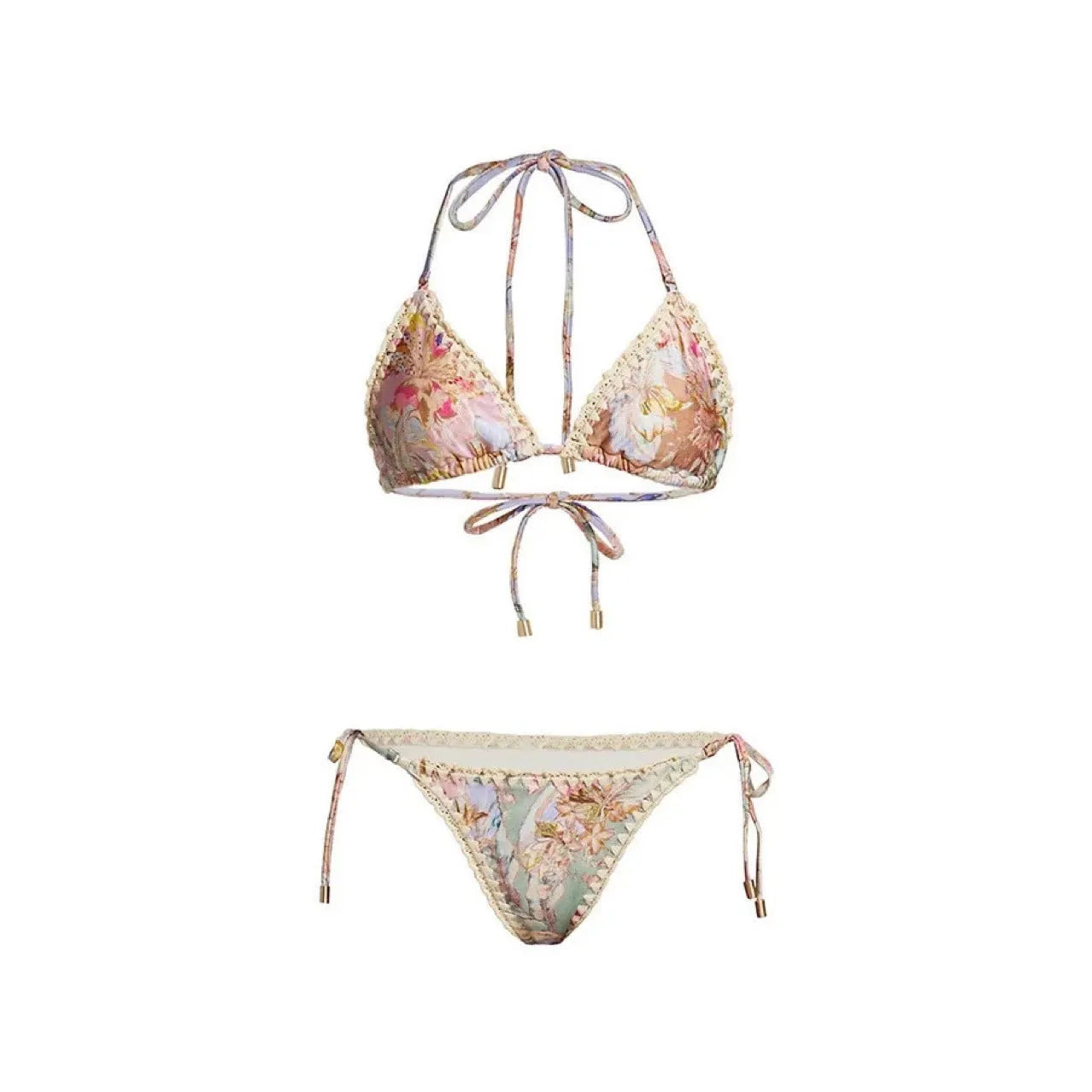 Women's floral print bikini set with matching skirt in creamy-white beige colour