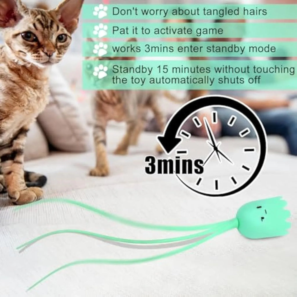 Automatic electronic cat toy wand with green silicone tails swinging in motion