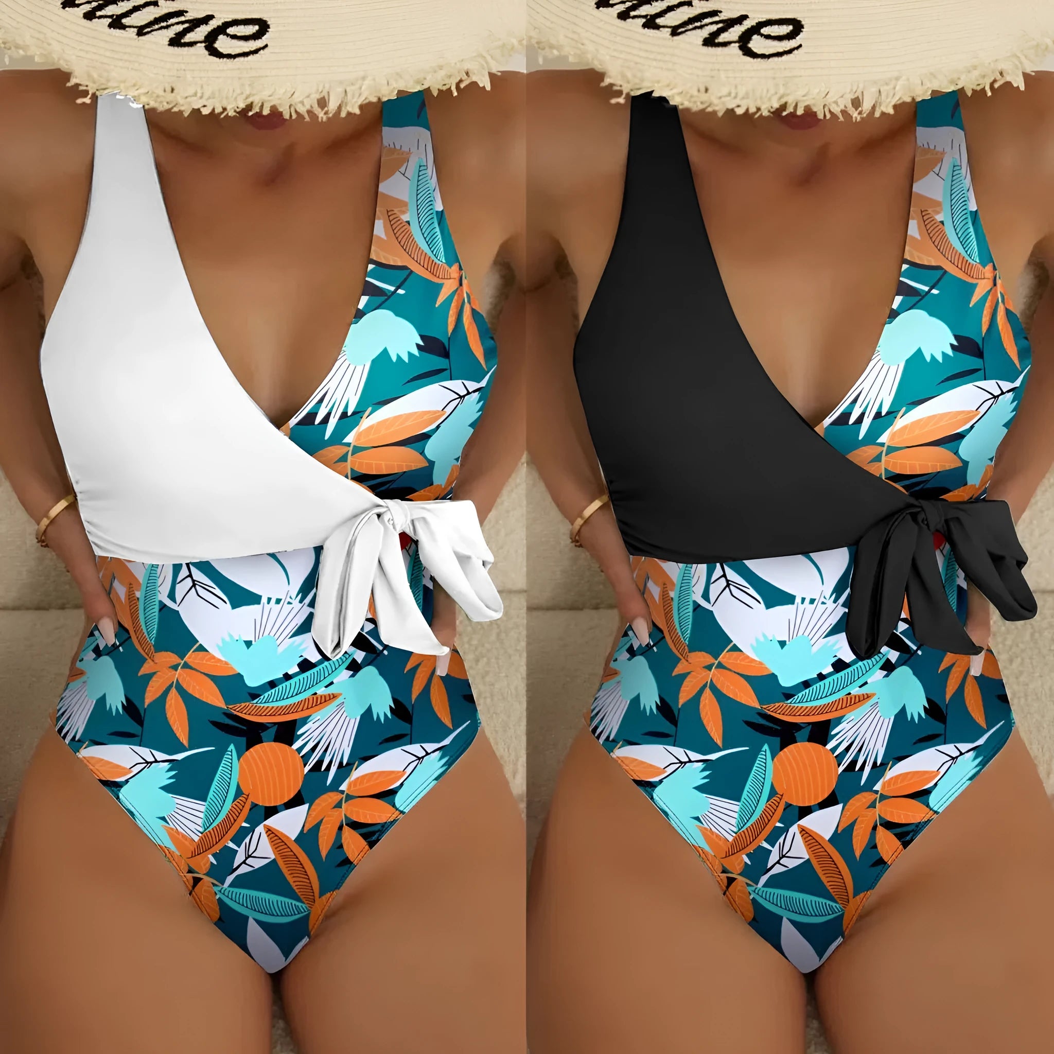 Women's high-waist one-piece bikini swimsuit in printed polyester fabric