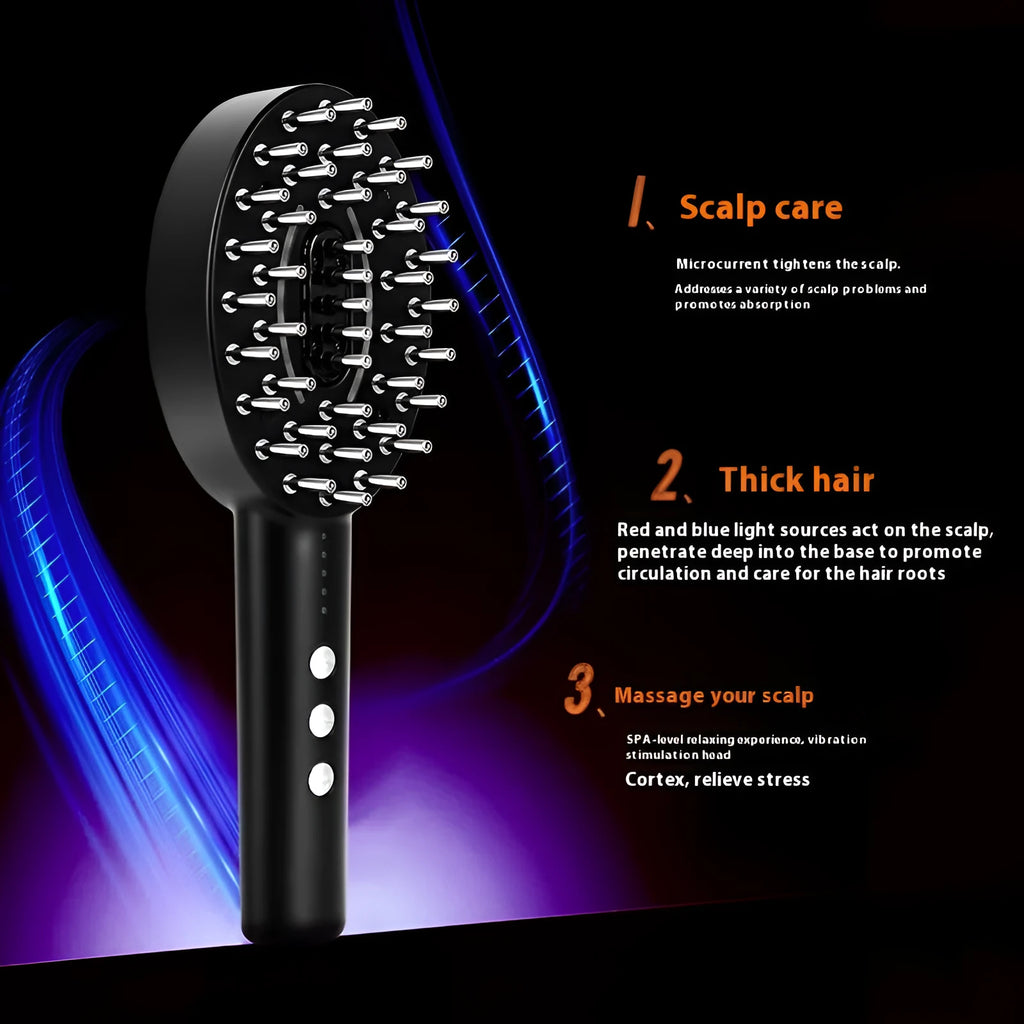Black handheld scalp massage device with vibration therapy function and USB charging cable
