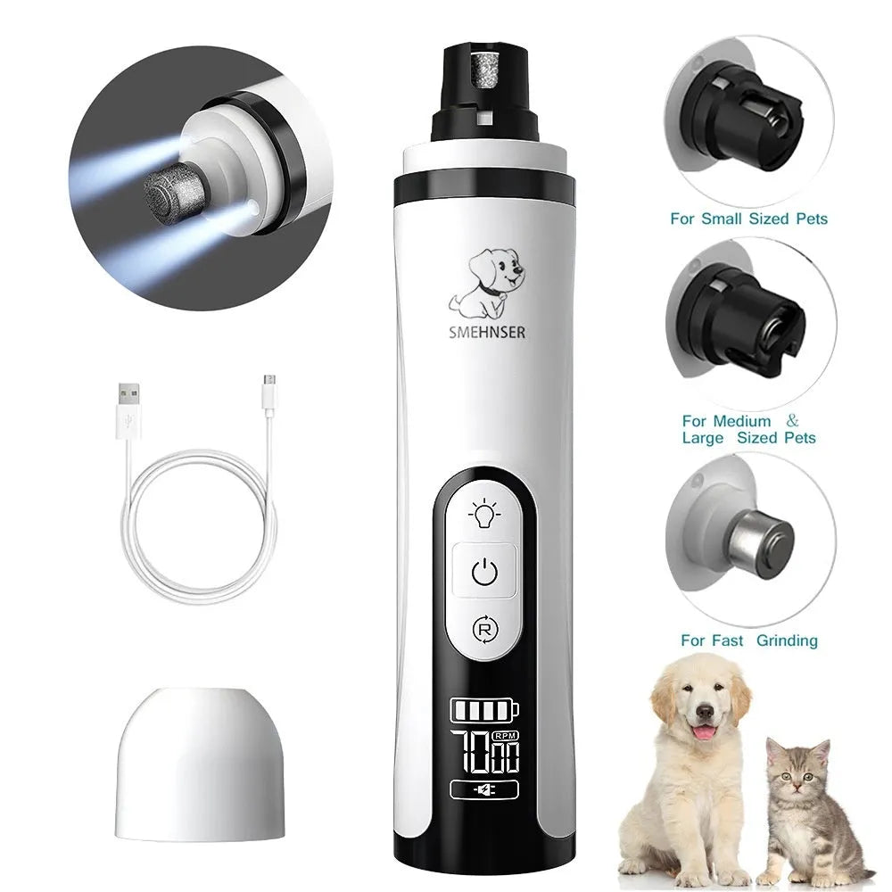 Electric dog nail trimmer with LED display showing speed settings and automatic piercing mechanism