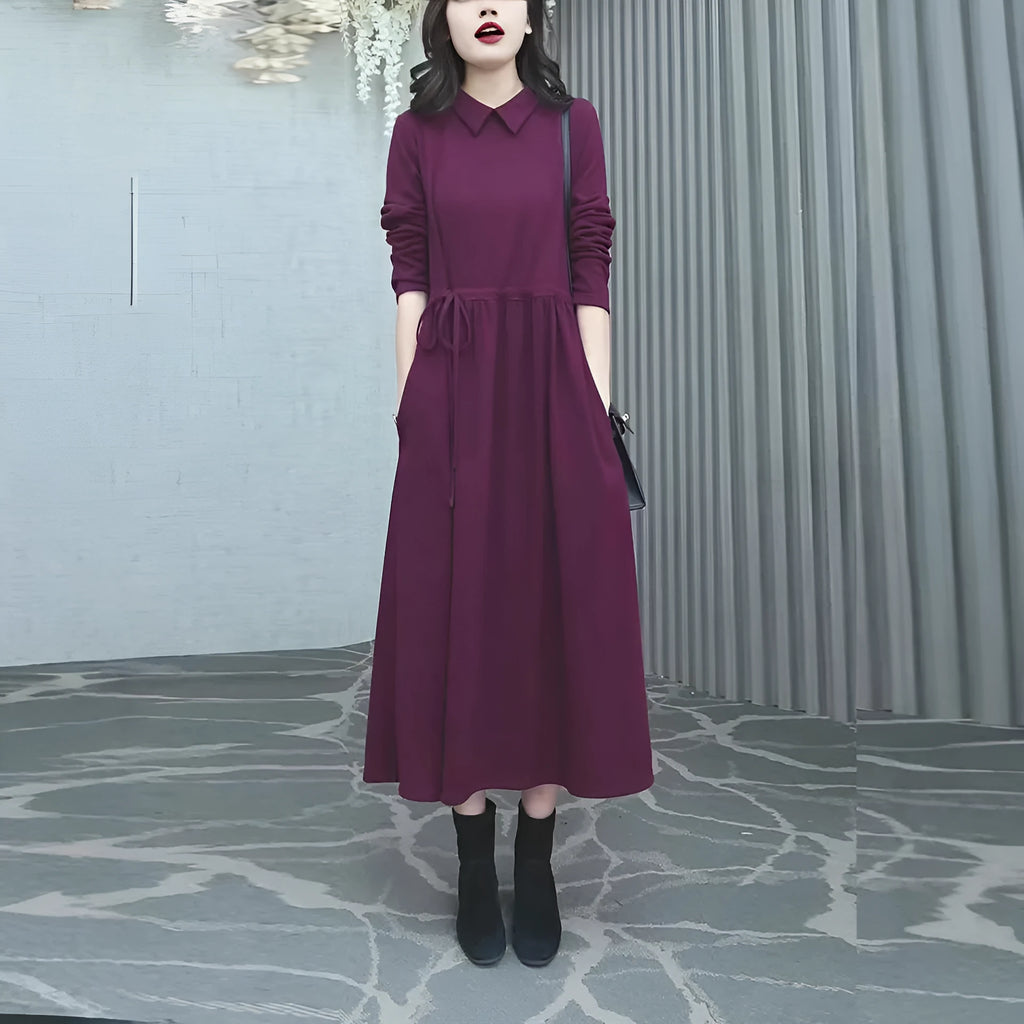 Purplish red plus size women's dress with long sleeves and long skirt for autumn winter wear