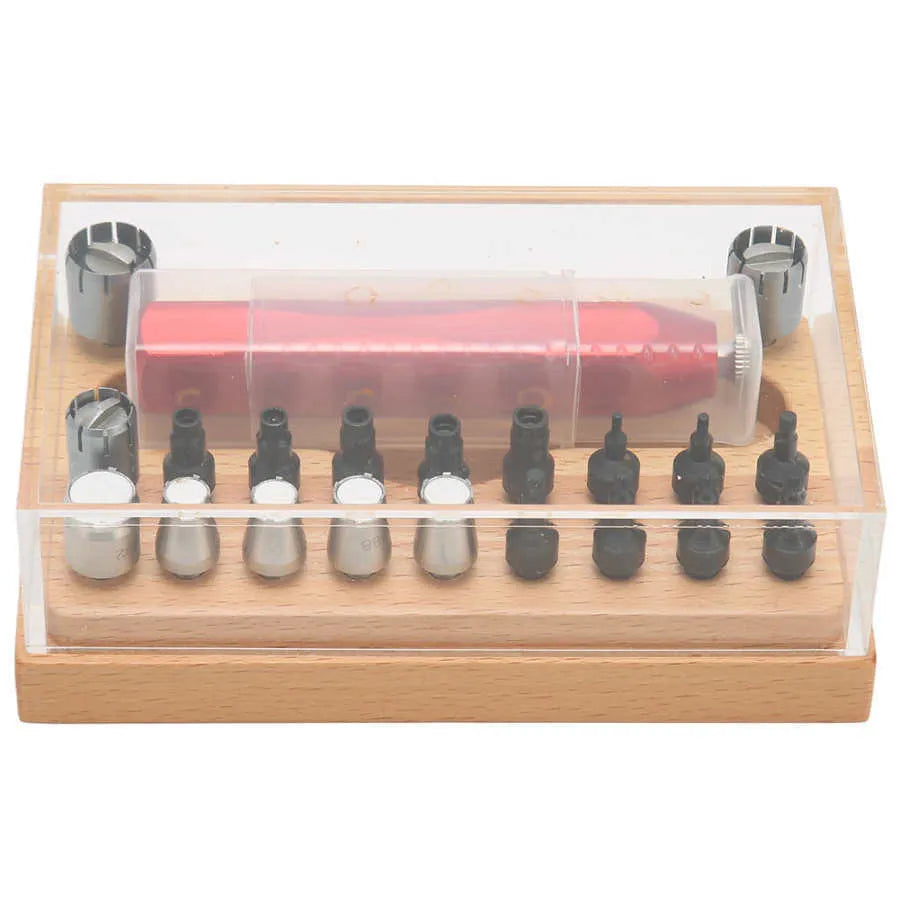 20-piece steel watch repair tool set with barrel opening tools in storage case