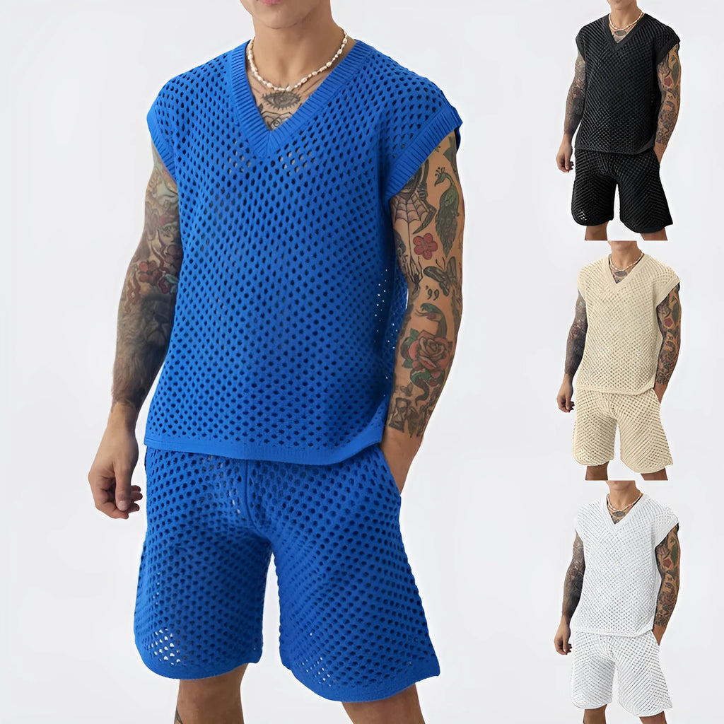 Men's blue V-neck sleeveless vest and matching shorts sports suit on hanger