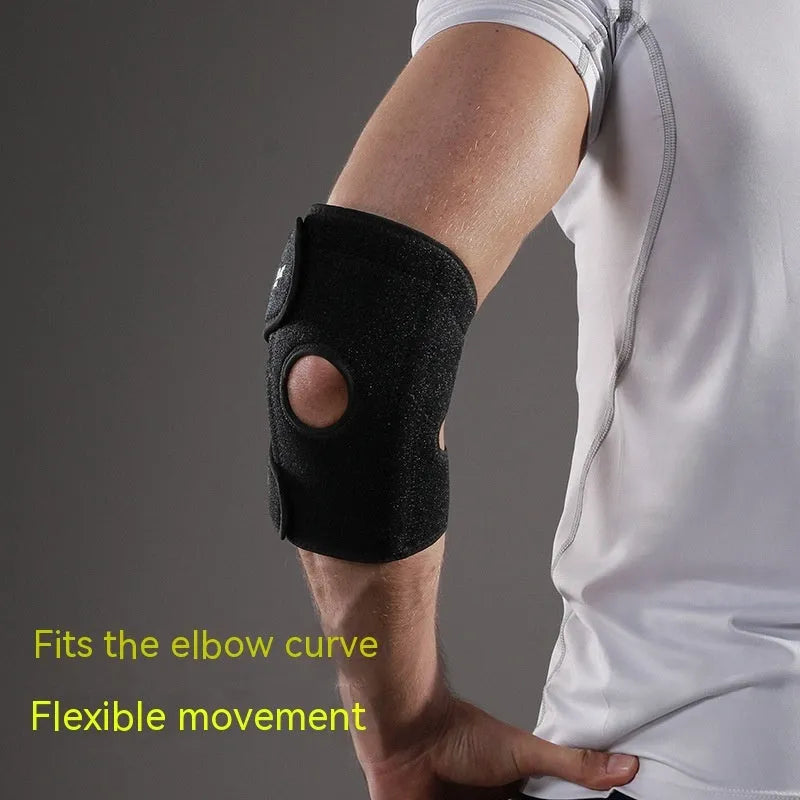 A black adjustable sports elbow guard for adult use in basketball, badminton, and outdoor training.