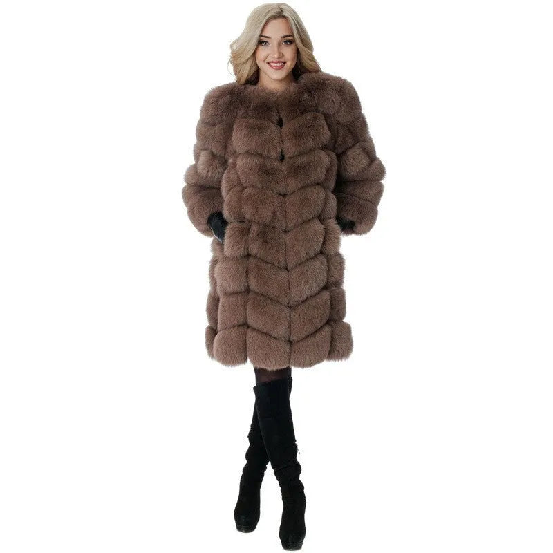 Women's thick warm artificial fur coat in multiple colours with regular sleeves and 80cm length