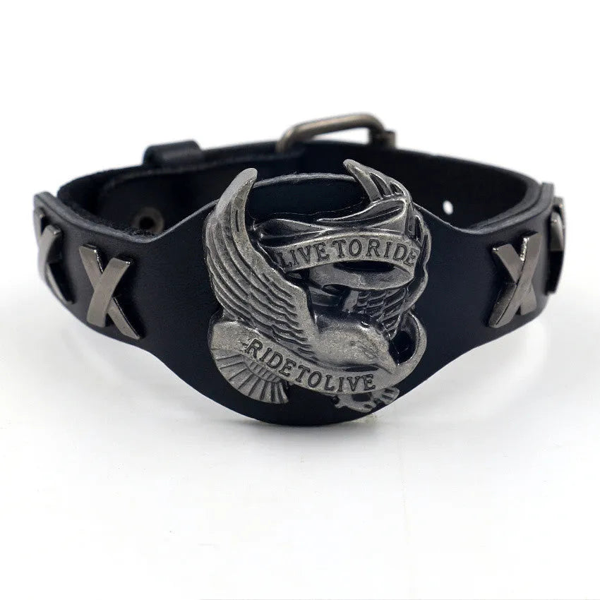Black geometric leather men's bracelet with a detailed alloy eagle buckle clasp on a white background.