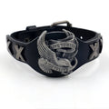 Black geometric leather men's bracelet with a detailed alloy eagle buckle clasp on a white background.
