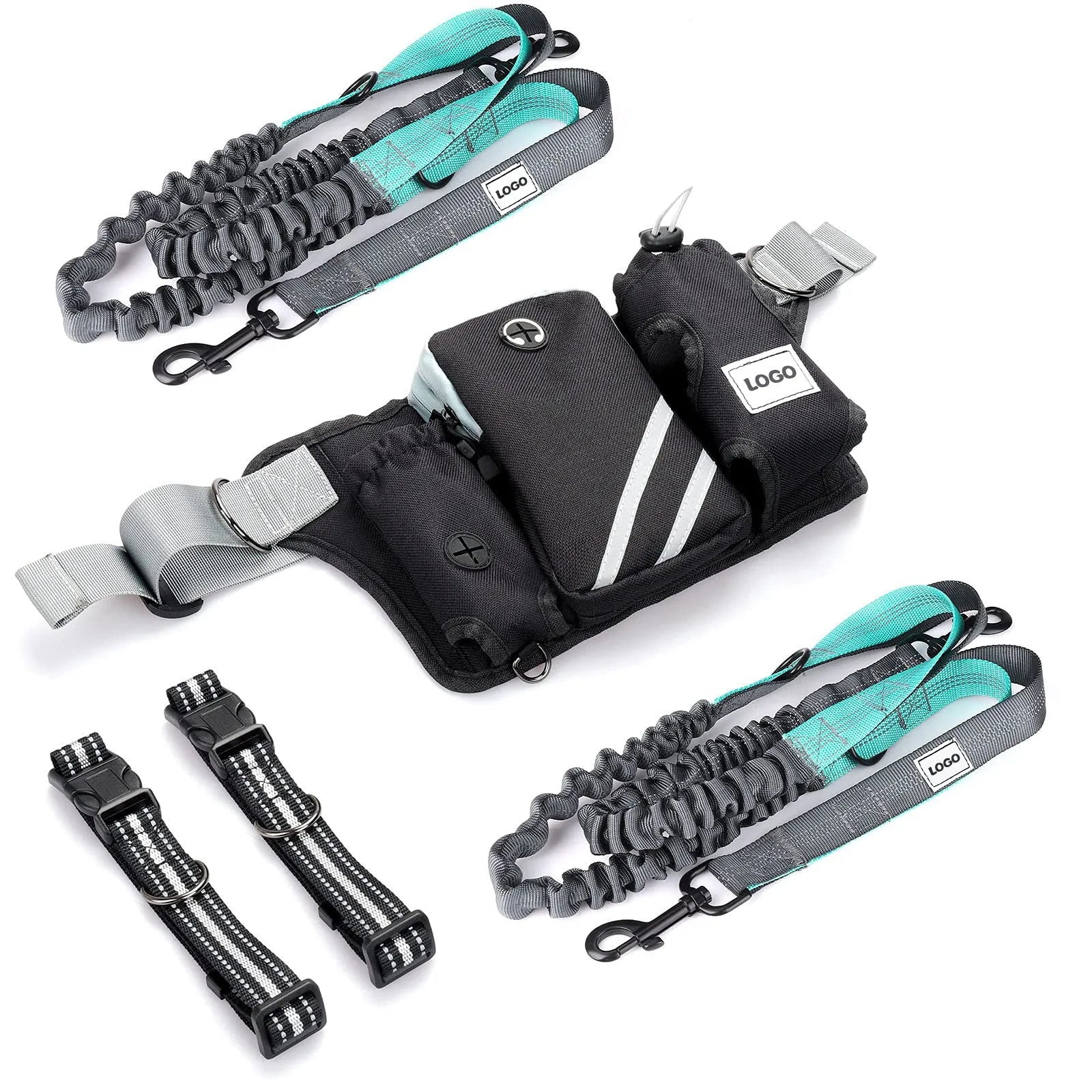 Black nylon pet training waist bag with dog leash set for outdoor walking