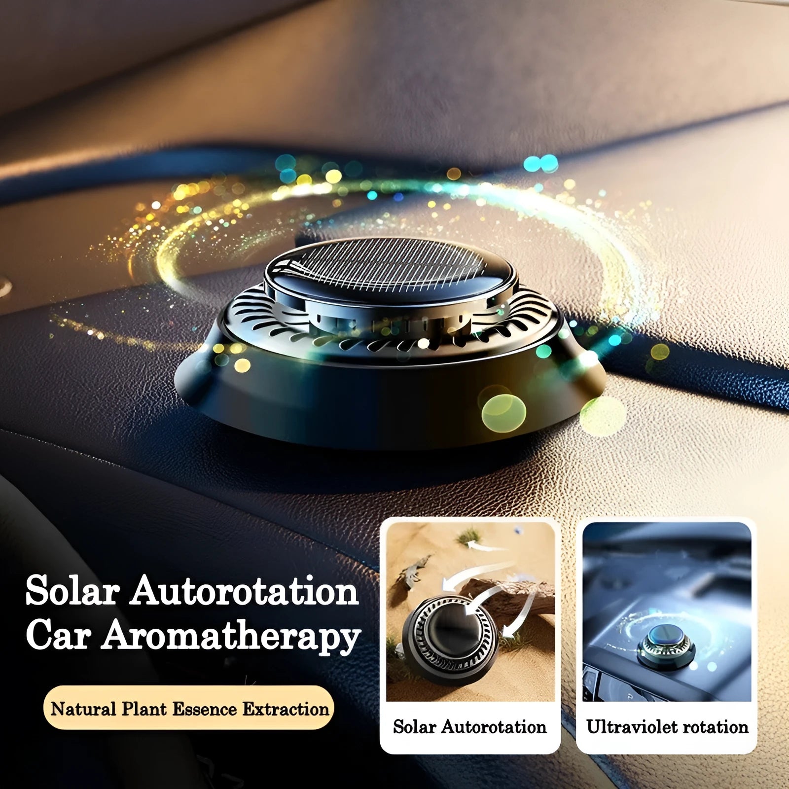 Solar-powered kinetic car air freshener with rotating double rings on a black dashboard.