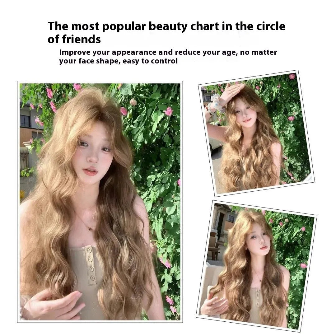 Linen brown medium length curly synthetic wig with hair net on display