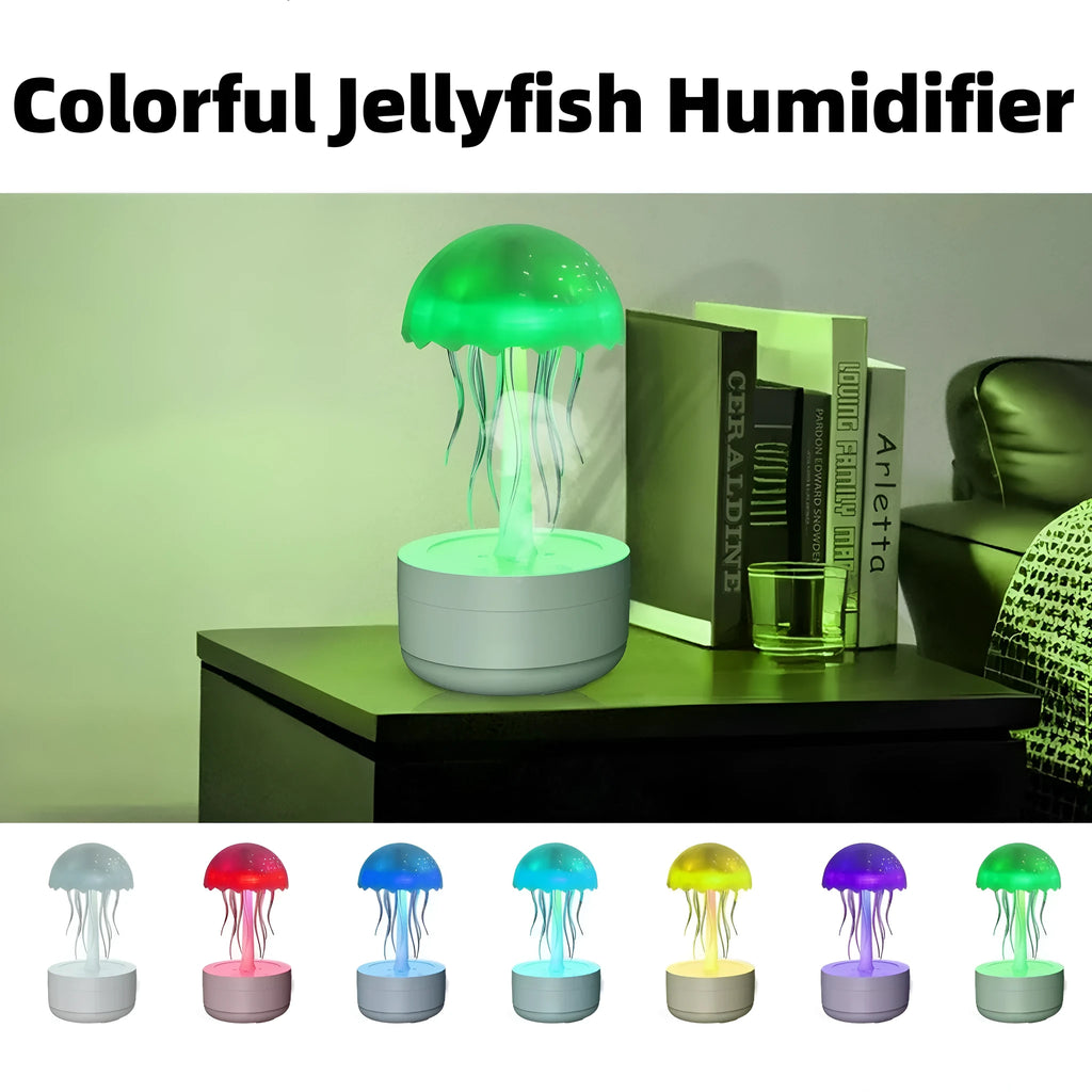 White jellyfish-shaped humidifier diffuser with colourful LED lights and visible mist output