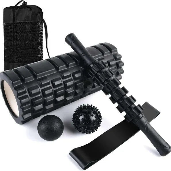 Black six-piece gear design fitness foam roller measuring 33cm length for muscle massage therapy