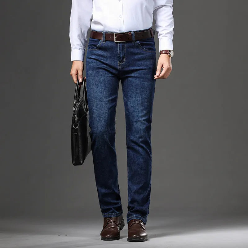 Stretch jeans loose fit straight-leg trousers in black and blue colours on size chart