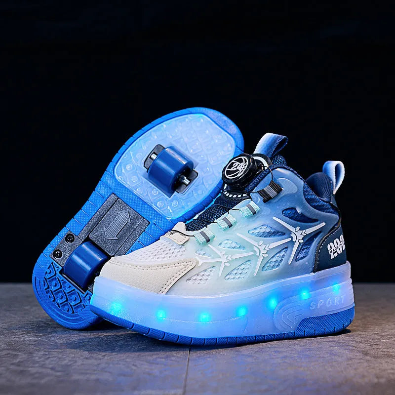 Children's striped roller skating shoes with twist-button adjustment in black, blue, or pink options