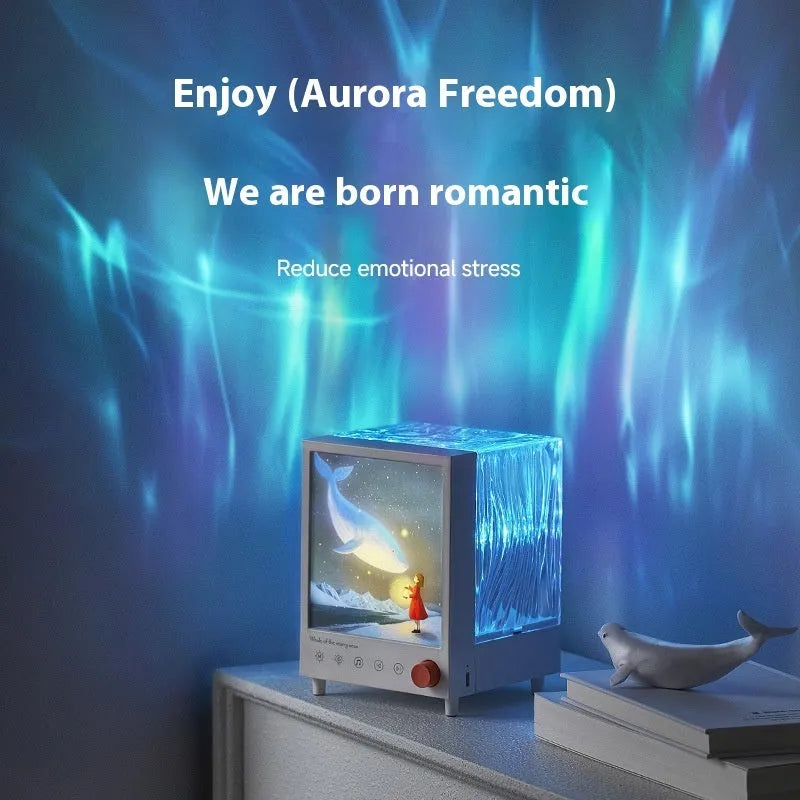 Aurora Treasure Box cubic projection lamp showing star sea whale coloured light projection.
