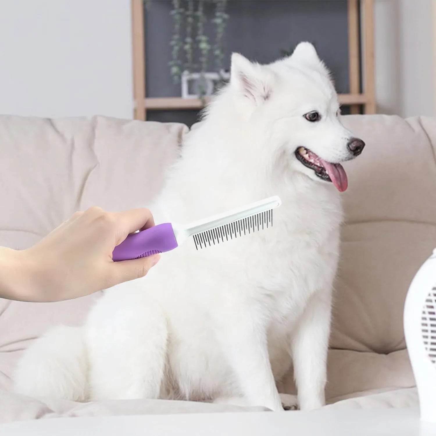 Purple pet detangling comb with stainless steel teeth for grooming cats and dogs
