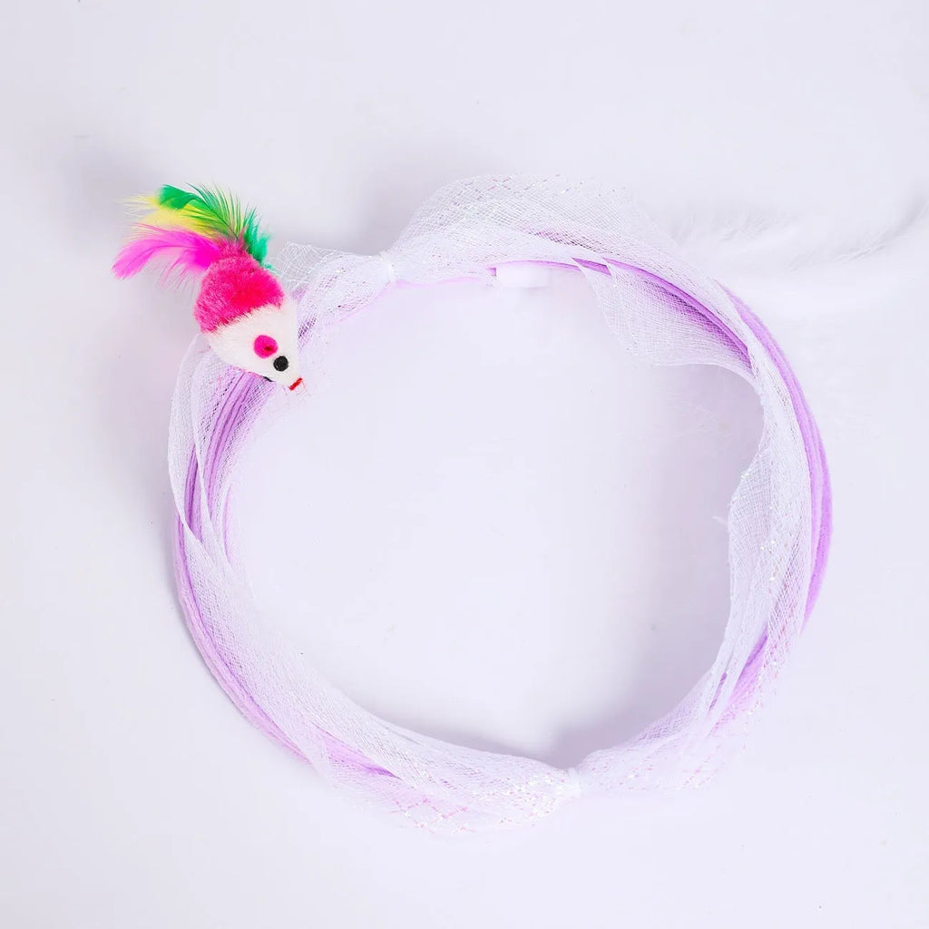 S-shaped cat tunnel toy with steel frame, elastic net sides and feather attachments