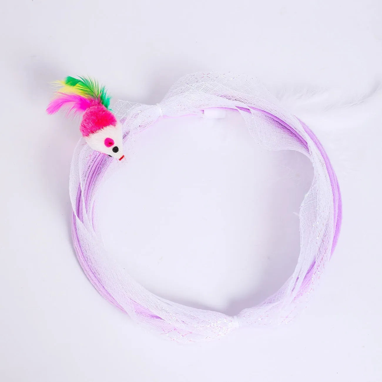 S-shaped cat tunnel toy with steel frame, elastic net sides and feather attachments