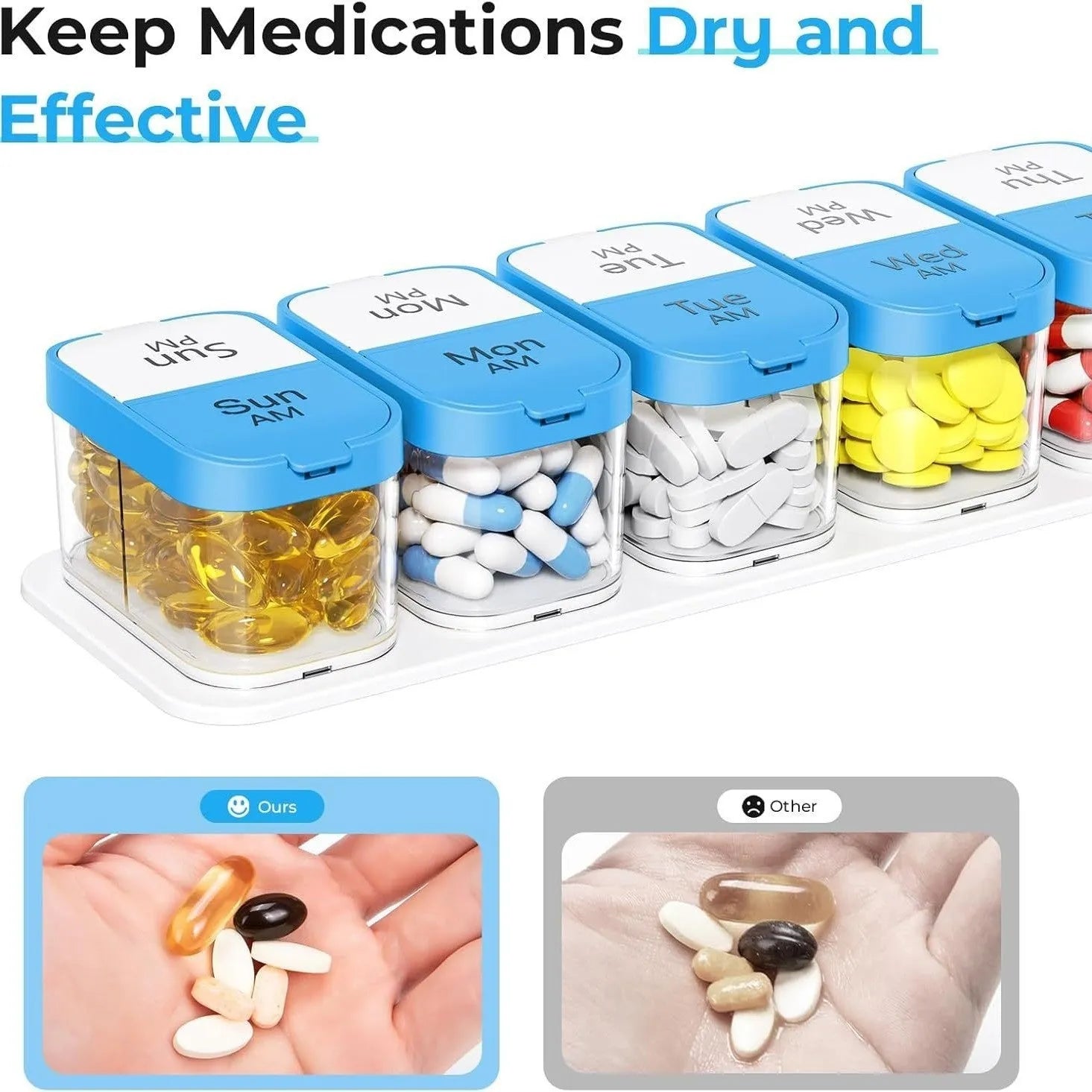 Extra large portable pill box dispenser with 14 removable grid compartments in white colour