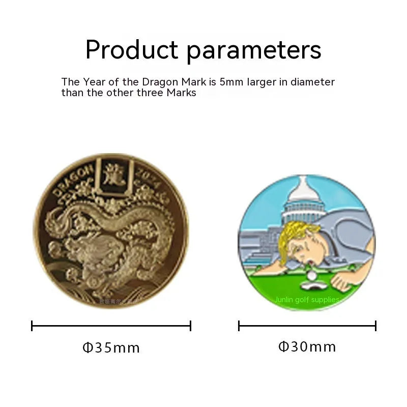 Close-up of a zinc alloy golf hat clip showing a detailed Dragon Year decorative pattern on its metal surface.