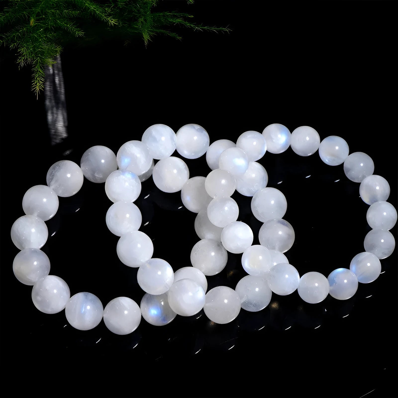 Natural blue moonlight round bead moonstone bracelet with geometric polished beads
