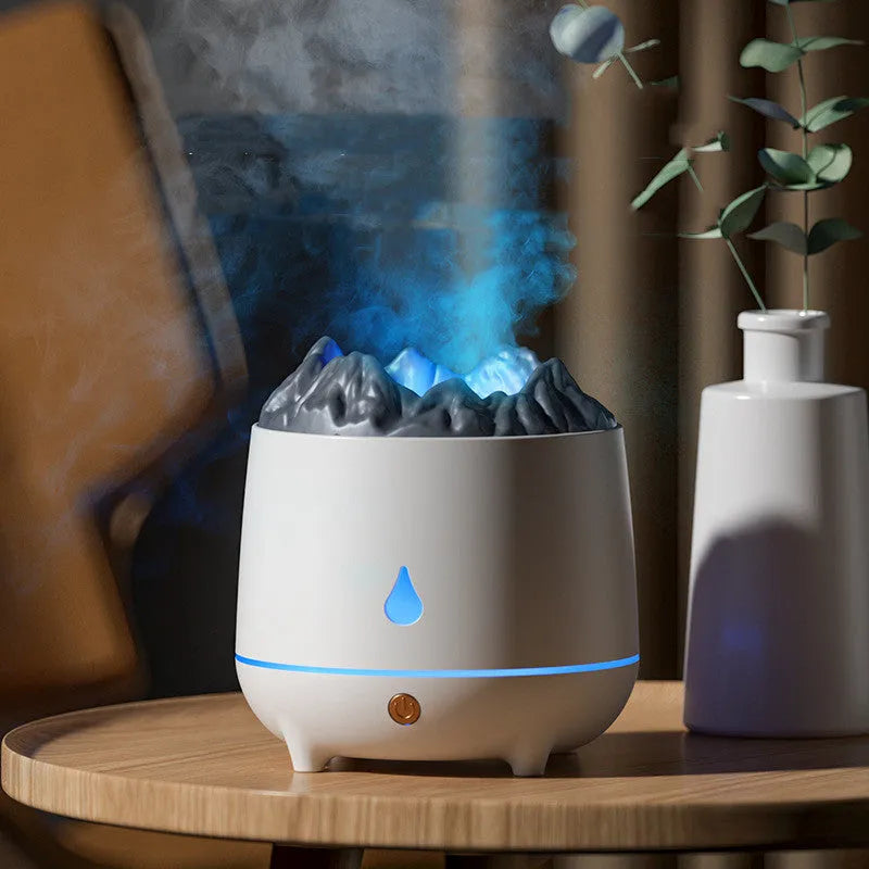 Volcano mountain-shaped humidifier in black colour with USB cable connection and mist output