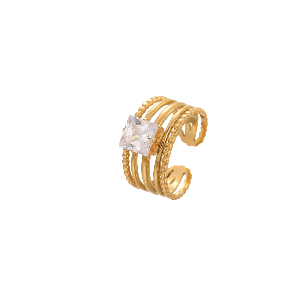 Gold electroplated stainless steel ring with zircon detailing and open mouth adjustable design