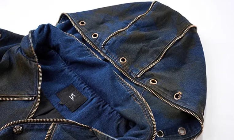 Blue hooded denim vest and matching trousers set with front zipper closure in Korean style