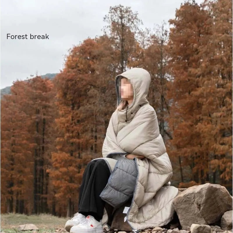 Grey outdoor cloak sleeping bag for adults showing wearable design and 200x140cm dimensions