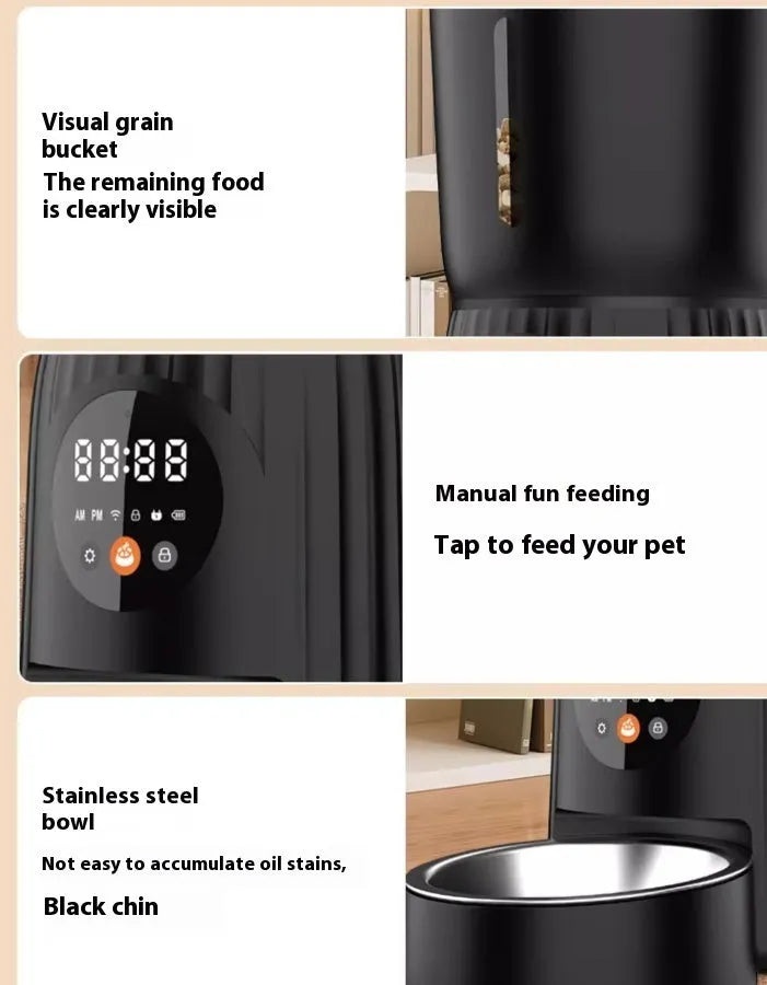 Black intelligent pet feeder with digital display showing feeding schedule