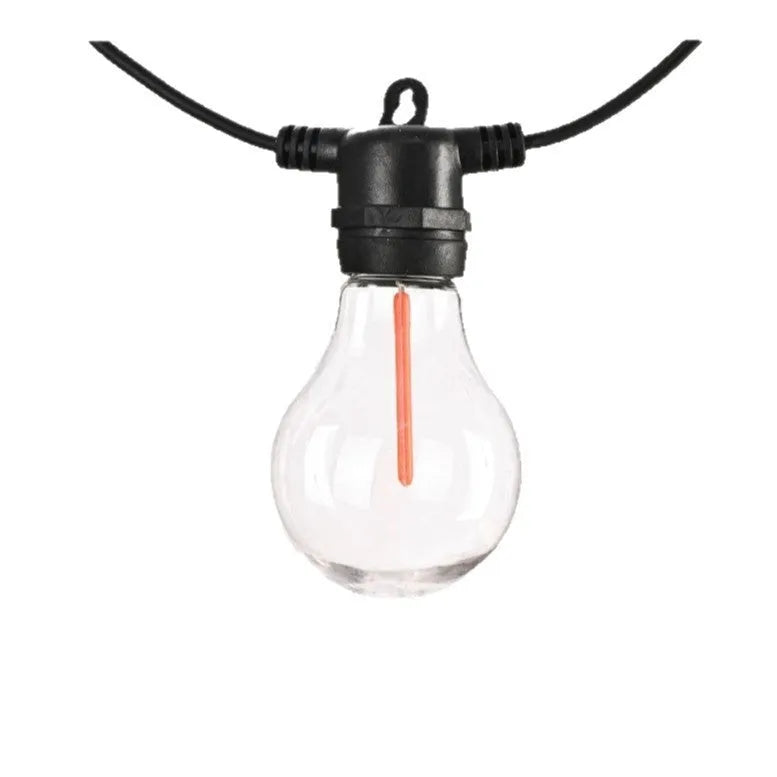 Waterproof outdoor decorative string lights with 10 transparent meteor bulbs on 5 metre cable